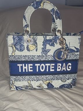 totes Floral Canvas Tote in Blue and Cream with Gold Hardware